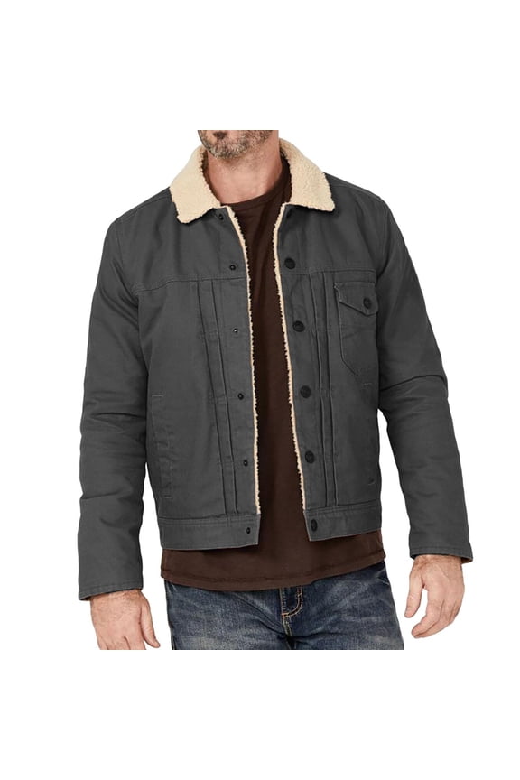 Barn Jackets for Men Warm Button up Long Sleeve Lapel Sherpa Coats Casual Stylish Solid Color Turcker Jacket Men's Work Winter Coat Dark Gray L