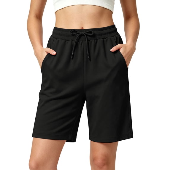hlysgo Bermuda Athletic Shorts for Women Cotton Casual Sweat Shorts Drawstring Knee Length Short with Pockets Black,S