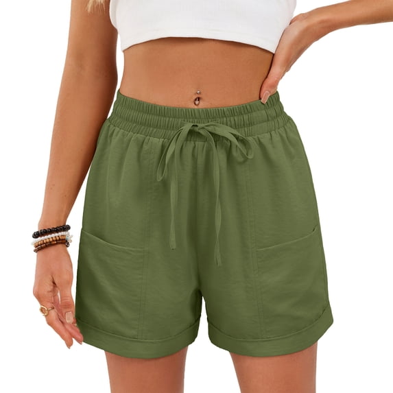 hlysgo Bermuda Shorts for Womens Elastic Drawstring Waist Wide Leg Short Summrt Holiday Beach Short with Pockets Green,M