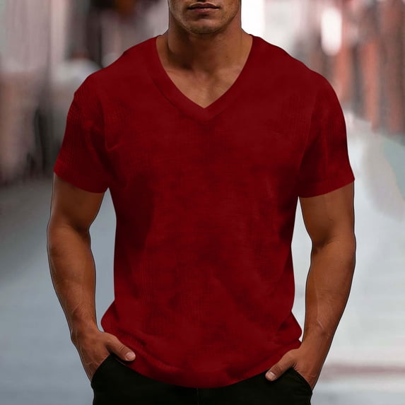 Jessboyy Big and Tall Mens T Shirts Comfy Waffle Knit V Neck T Shirts for Men Short Sleeve Solid Color Tees Summer Tops Casual Plus Size Shirt Wine,XXXXXL