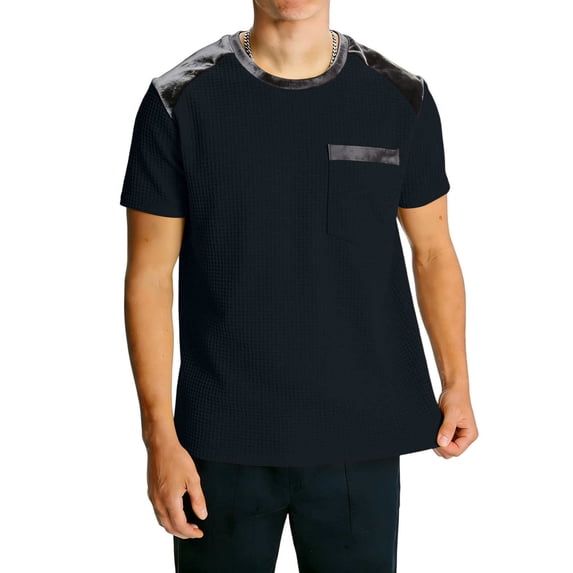 hlysgo Big and Tall Mens Shirts Regular Fit Short Sleeve Crew Neck Waffle T-shirts Comfy Solid Color Pocket Basic Tee Shirts Dark Blue,Size L