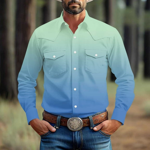hlysgo Big and Tall Shirts for Men Trendy Western Cowboy Shirt Vintage Gradient Long Sleeve Button up T-shirts with Pockets Mint Green XXXXXL