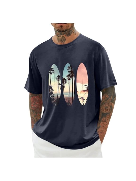 Big and Tall T-shirts for Men Casual Hawaiian Printed Short Sleeve Graphic Tees Summer Vacation Beach T Shirts Plus Size Tops Dark Blue,L