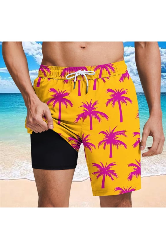Board Shorts for Men with Pockets Quick Dry Swim Trunks with Liner 9 Inch Summer Beach Shorts with Pockets Hawaiian Printed Swim Trunk Yellow XXL