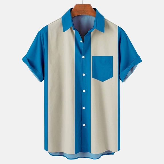 hlysgo Bowling Shirts for Men Vintage Color Block Short Sleeve Hawaiian Collared Shirt Loose Fit Button Down Summer Vacation Shirts with Pocket Blue L
