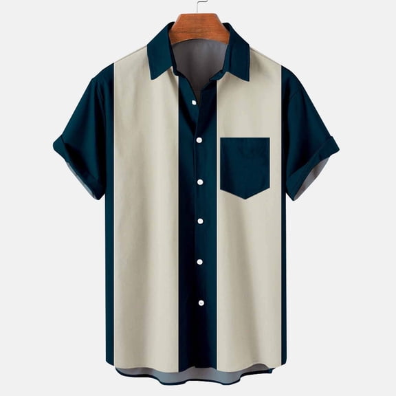 hlysgo Bowling Shirts for Men Vintage Color Block Short Sleeve Hawaiian Collared Shirt Loose Fit Button Down Summer Vacation Shirts with Pocket Navy XXXL