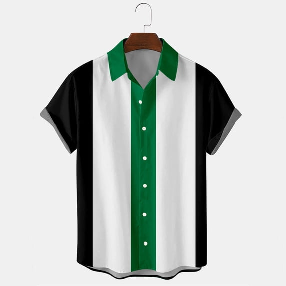 hlysgo Bowling Shirts for Men Short Sleeve Button Down Striped Shirt Casual Summer Hawaiian Beach Vacation Tops Loose Fit Going Out Clothes Green L