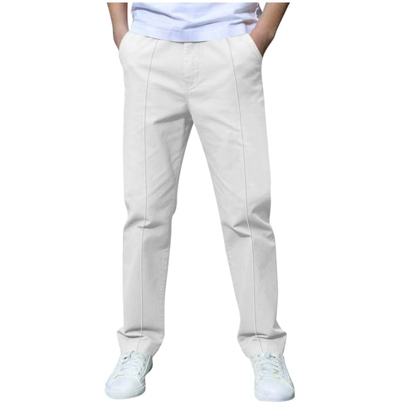 hlysgo Boys Elastic Waist Dress Pants Kids Slim Fit Straight Suit Pants Uniform Trousers with Pockets White,3-4 Years