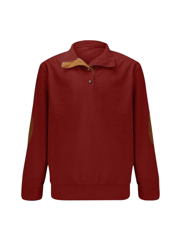 Boys Stand Collar Henley Sweathirt 2-Button Closure Elbow Patches Tops Long Sleeve Soft Casual Blouse Red,5-6 Years
