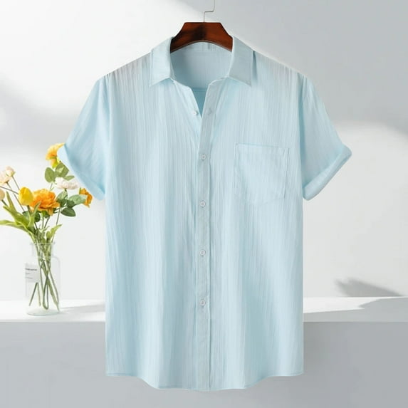 Jessboyy Button Down Shirt Men Casual Short Sleeve Fitted Button up Shirts Summer Vacation Going Out Tops Business Plain Work Shirt Light Blue S