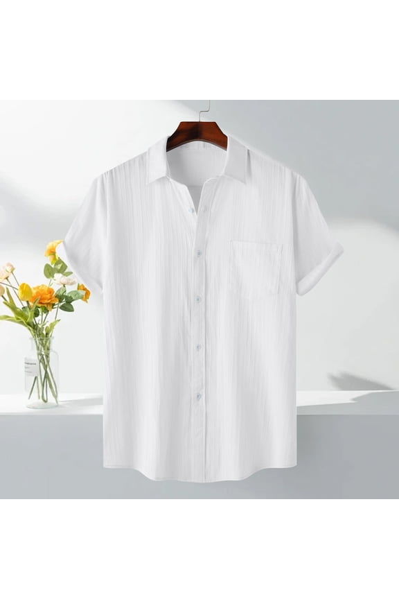 Button Down Shirt Men Casual Short Sleeve Fitted Button up Shirts Summer Vacation Going Out Tops Business Plain Work Shirt White L