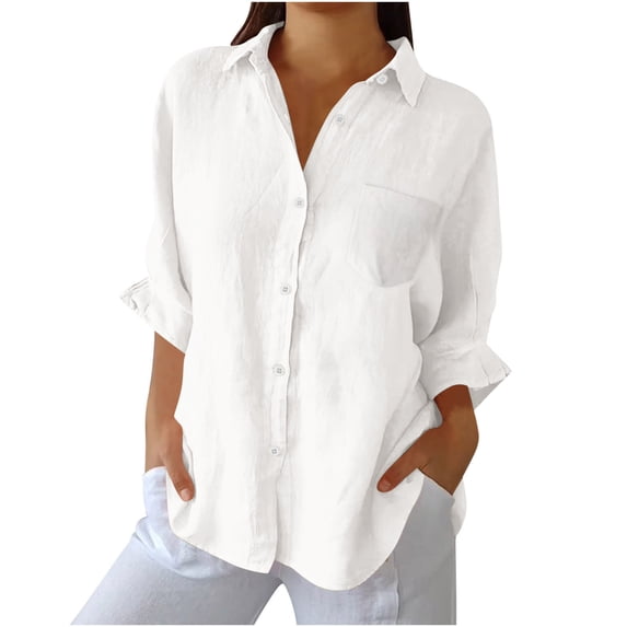 hlysgo Button Down Shirts for Women Cotton Dress Shirts Collared Long Sleeve Wrinkle Free Blouse Tops White,L