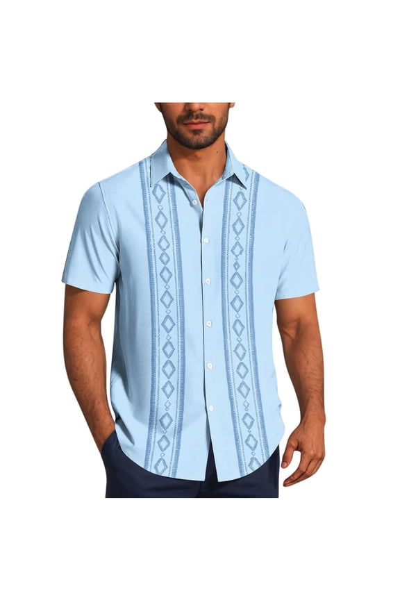 Button Down Shirts for Men Short Sleeve,Trendy Printed Untucked Shirt,Summer Tops,Regular Fit Semi Formal Shirts for Vacation Wedding Party Light Blue,M