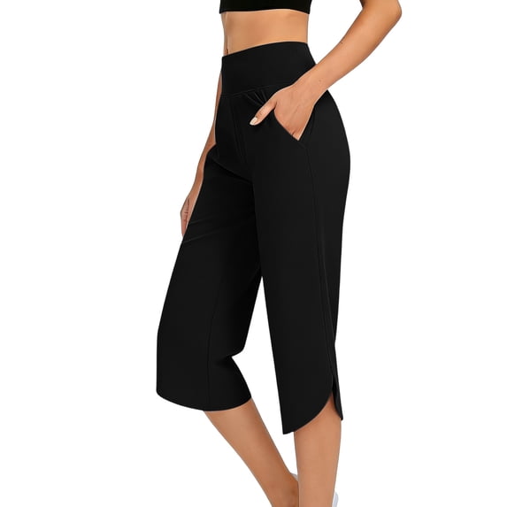 hlysgo Capri Pants for Women High Waist Wide Leg Yoga Capris with Pockets Stretchy Loose Fit Casual Lounge Workout Pant Black,L