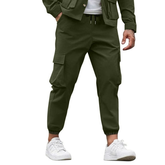hlysgo Cargo Joggers for Men with Pockets Slim Fit Solid Color Elastic Waist Drawstring Outdoor Chino Cargo Pants Casual Spring Summer Work Pants Army Green L