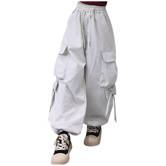 hlysgo Cargo Pants for Girls Casual Streetwear Kids Pants with Pockets Trendy Hiking Jogger Parachute Trousers Khaki,11 Years