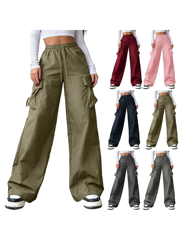 Cargo Pants for Women Y2K Elastic Waist Wide Leg Joggers Pant Hippie Streetwear Loose Baggy Trousers with Pockets Gray,2xL