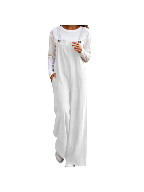 Casual Corduroy Pant for Women Wide Leg Overalls Loose Fit Sleeveless Jumpsuits Adjustable Straps Fall Side Slit Jumpers White,2xL