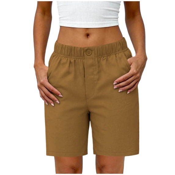 hlysgo Casual Shorts for Women Dress Casual Work Golf Shorts Flat Front Cotton Linen Short with Pockets Brown,M
