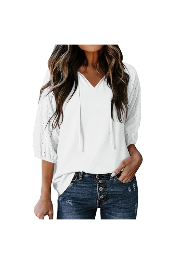 Casual Tops for Women V-Neck Puff 3/4 Length Sleeve Eyelet Drawstring Shirts Fall Fashion Streetwear Comfort Soft Blouse White,M