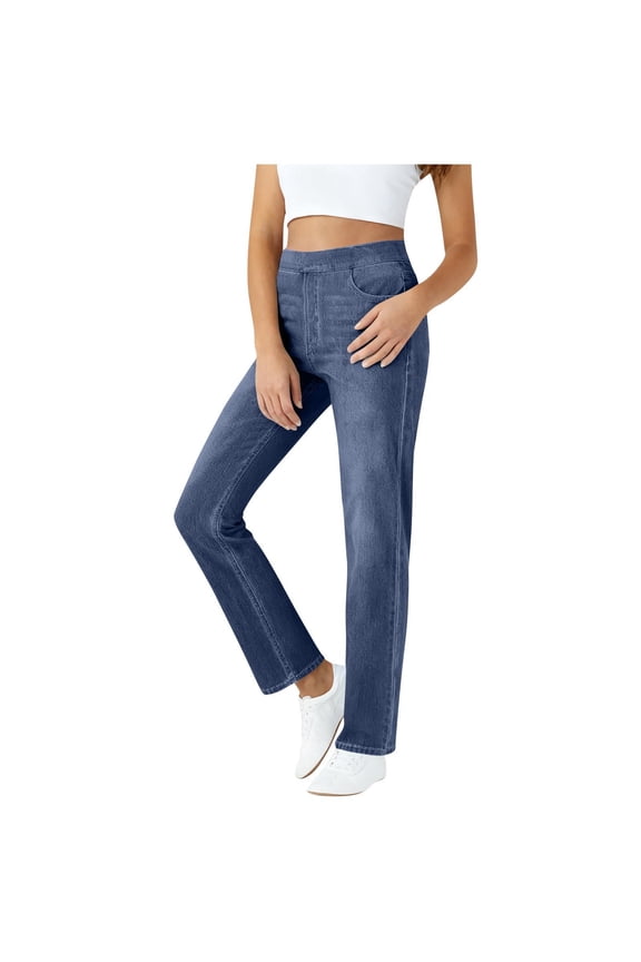 Causal Jeans for Women Elastic Waist Straight Leg Trendy Loose Pant Streetwear Comfy with pockets Dark Blue,L