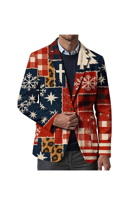 Christmas Blazer for Men Trendy Xmas Print Party Sport Jacket Slim Fit Business Corduroy Suit Jacket Casual Stylish Winter Holiday Blazers Red XXL