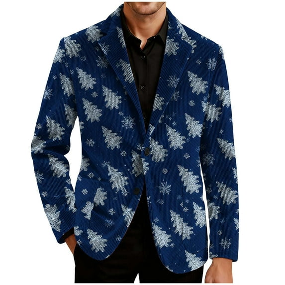 hlysgo Christmas Blazers for Men Casual Christmas Tree Graphic Corduroy Sport Jacket Trendy Xmas Print Holiday Party Jacket Winter Blazer Blue L