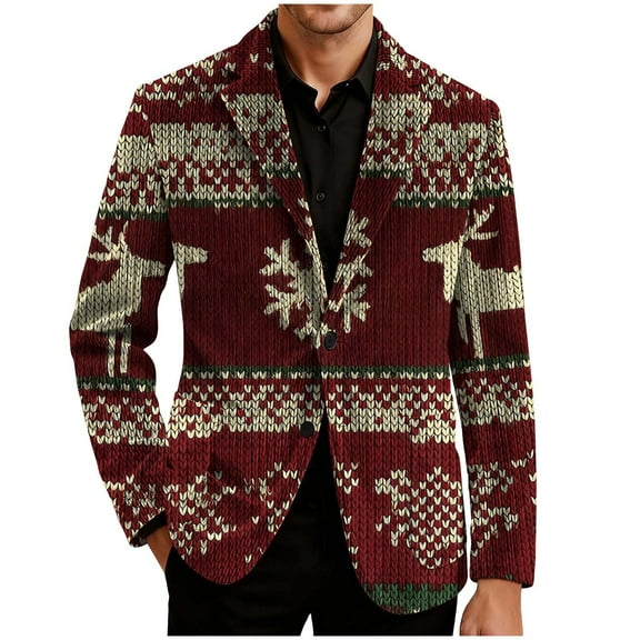 hlysgo Christmas Corduroy Suit Jackets for Men Vintage Snowflake Reindeer Graphic Xmas Party Blazer Regular Fit Christmas Holiday Blazers Red L