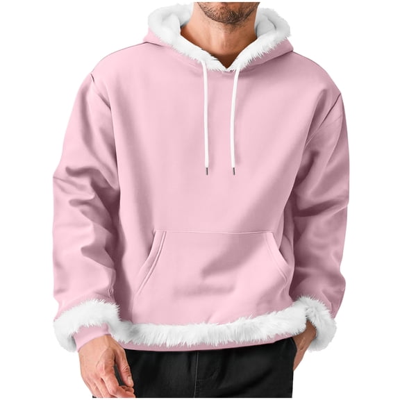hlysgo Christmas Sweatshirts for Men Soft Faux Fur Trim Long Sleeve Hoodies with Pockets Warm Winter Solid Color Holiday Hooded Sweatshirt Pink XL