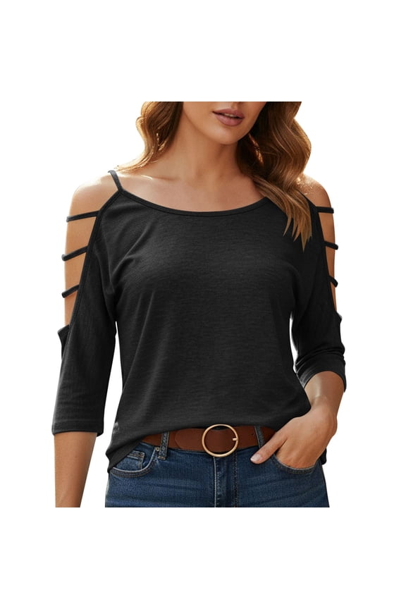 Cold Shoulder Tops for Women 3/4 Length Sleeve T Shirts Y2K Pullover Casual Dolman Summer Blouses Black,S