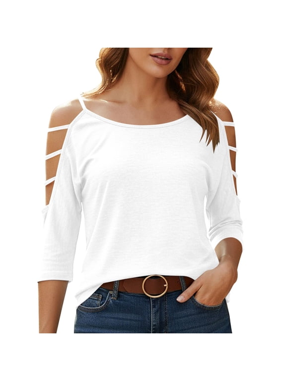 Cold Shoulder Tops for Women 3/4 Length Sleeve T Shirts Y2K Pullover Casual Dolman Summer Blouses White,M