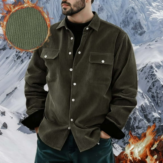 hlysgo Corduroy Jacket Men Comfy Button up Fleece Lined Shirts Jackets Fall Winter Lapel Solid Color Workwear Coats Streetwear Outerwear Army Green L