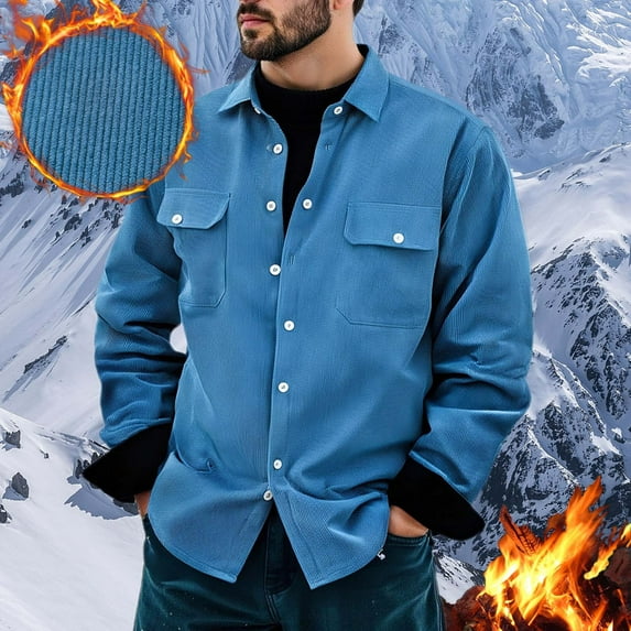 hlysgo Corduroy Jacket Men Comfy Button up Fleece Lined Shirts Jackets Fall Winter Lapel Solid Color Workwear Coats Streetwear Outerwear Blue XXL