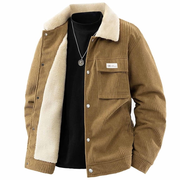 hlysgo Corduroy Jackets Men Warm Button up Long Sleeve Lapel Sherpa Fleece Lined Jacket Big Men's Winter Coats Trendy Work Outdoor Coat Khaki XXXXXL