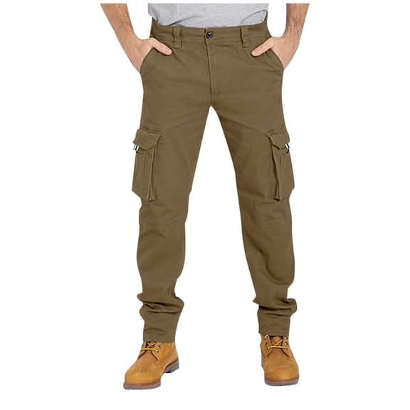 hlysgo Cotton Cargo Pants for Men with Pockets Slim Fit Straight Leg Solid Color Cargo Work Pant Stretch Hiking Outdoor Pants Brown L
