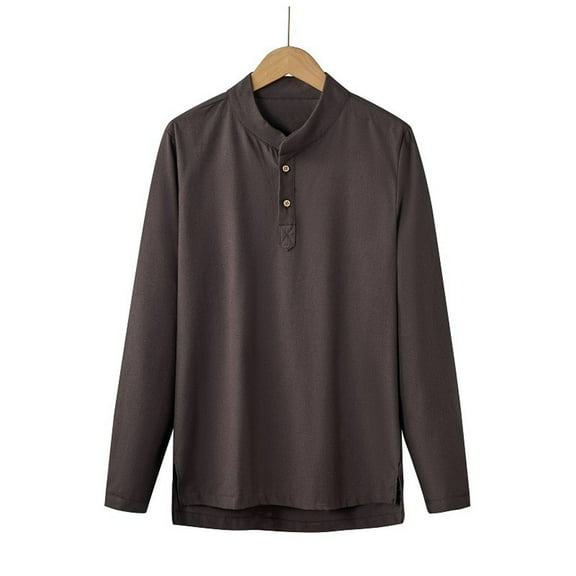 hlysgo Cotton Linen Shirts for Men Lightweight Long Sleeve Button up Henley Shirt Classic Fit Solid Color T-shirts Lightweight Spring Clothes Coffee L