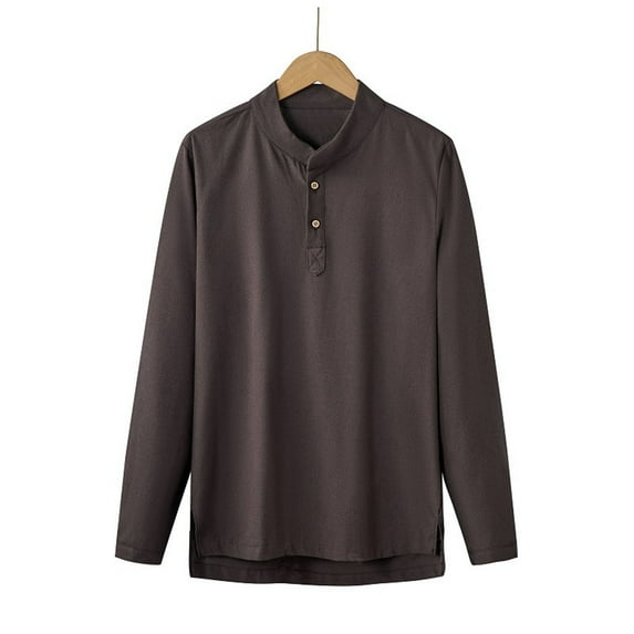 hlysgo Cotton Linen Shirts for Men Lightweight Long Sleeve Button up Henley Shirt Classic Fit Solid Color T-shirts Lightweight Spring Clothes Coffee XXXXL