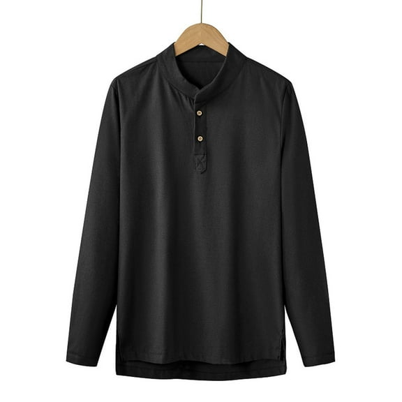 hlysgo Cotton Linen Shirts for Men Lightweight Long Sleeve Button up Henley Shirt Classic Fit Solid Color T-shirts Lightweight Spring Clothes Black L