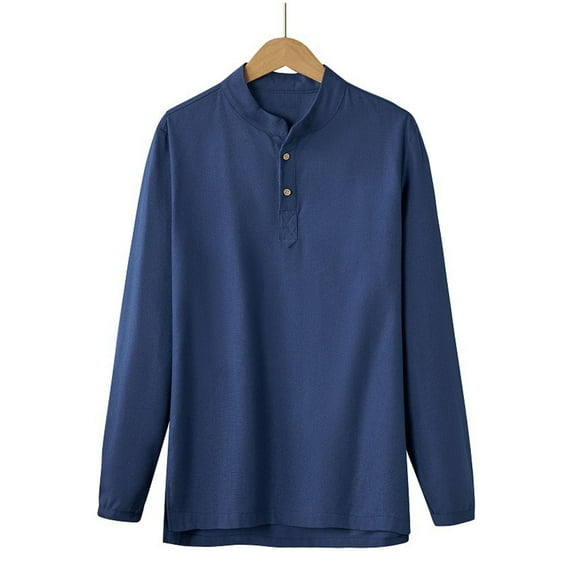 hlysgo Cotton Linen Shirts for Men Lightweight Long Sleeve Button up Henley Shirt Classic Fit Solid Color T-shirts Lightweight Spring Clothes Navy M