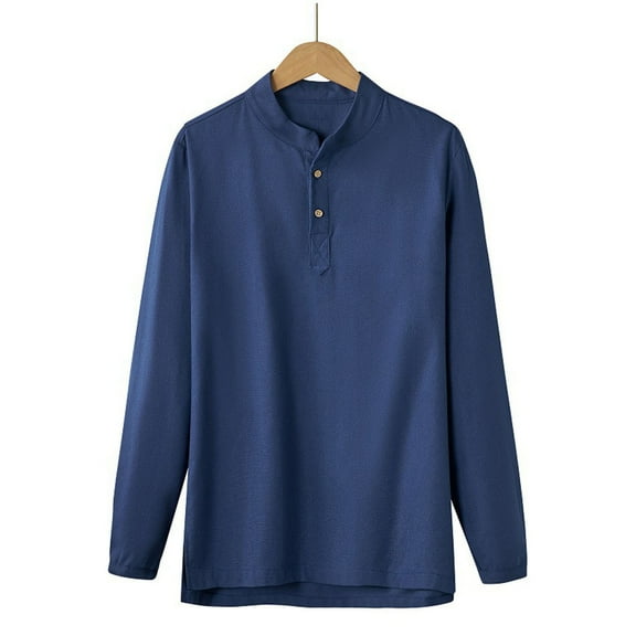 hlysgo Cotton Linen Shirts for Men Lightweight Long Sleeve Button up Henley Shirt Classic Fit Solid Color T-shirts Lightweight Spring Clothes Navy M