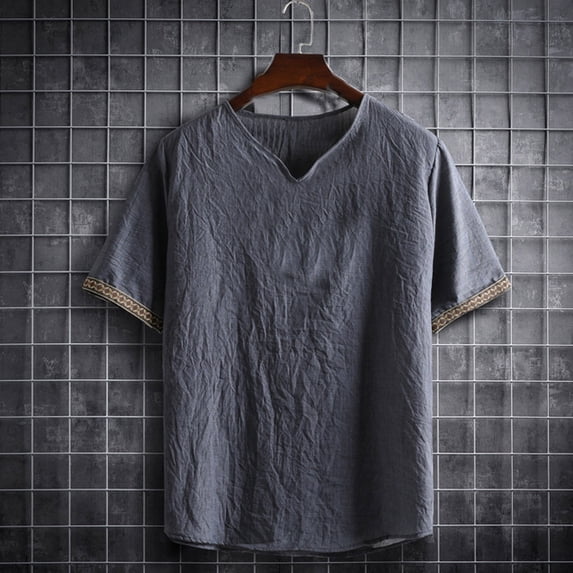 hlysgo Cotton Linen Shirts for Men Short Sleeve V Neck T Shirt Casual Going Out Pullover Tops Trendy Beach Vacation Clothing Gray L