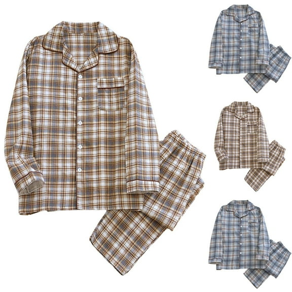 hlysgo Cotton Plaid Pajamas Sets for Men 2pc Comfy Button up Notch Collar Shirts and Night Pants Men's Sleepwear Cozy Loungewear Soft Pjs Set Coffee M
