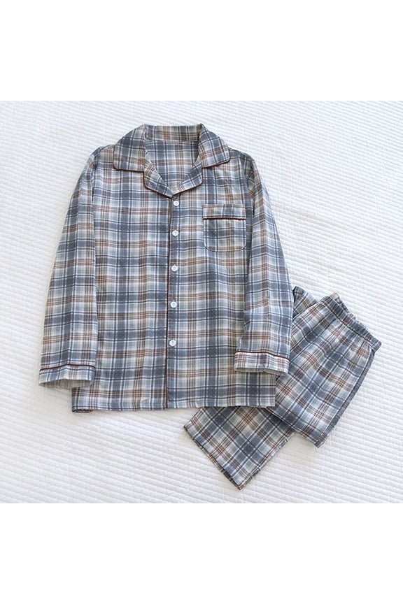 Cotton Plaid Pajamas Sets for Men 2pc Comfy Button up Notch Collar Shirts and Night Pants Men's Sleepwear Cozy Loungewear Soft Pjs Set Blue M