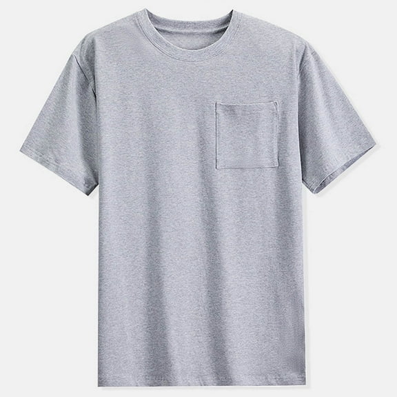 hlysgo Cotton T Shirts for Men with Chest Pocket Casual Solid Color Short Sleeve Basic Tee Dressy Lightweight Crewneck Summer T-shirt Gray L