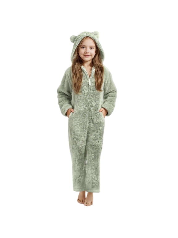 Cozy Zipper Onesie for Girls Hooded Straight Leg Fleece Jumpsuit Kids Winter Warm Playsuit Casual Cute Romper Green,13 Years