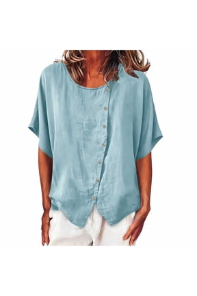 Crew Neck Linen Tops for Women Short Sleeve Cotton Tee Shirts Asymmetrical Button Down Blouse Light Blue,M