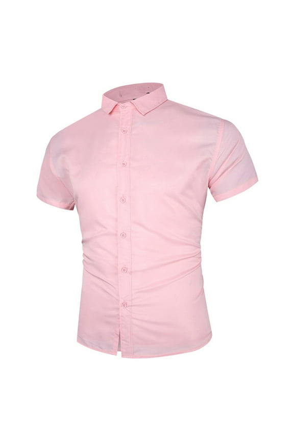 Dress Shirts for Men Slim Fit Short Sleeve Button Down Shirt for Wedding Party Dressy Solid Color Business Work Tops Semi Formal Shirts Pink M