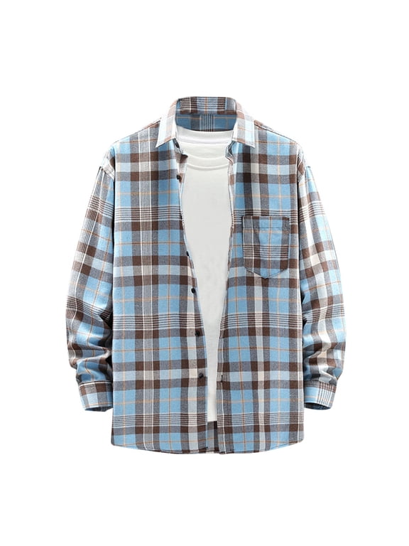 Flannel Shirt for Men Western Cowboy Pearl Snap Long Sleeve Blouse Work Casual Buttons Vintage Plaid Tops Light Blue,XL