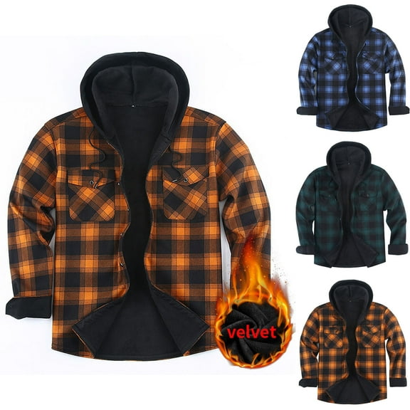 hlysgo Fleece Jackets for Men Trendy Plaid Button up Shirt Jacket with Hoodie Thermal Winter Padded Coats with Pockets Men's Outerwear Coat Blue XL