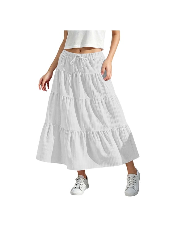 Girl's Long Maxi Skirt Boho Flowy Flared Ruffle Skirts Beach Vacation Summer Going Out Outfits White,14-15Years